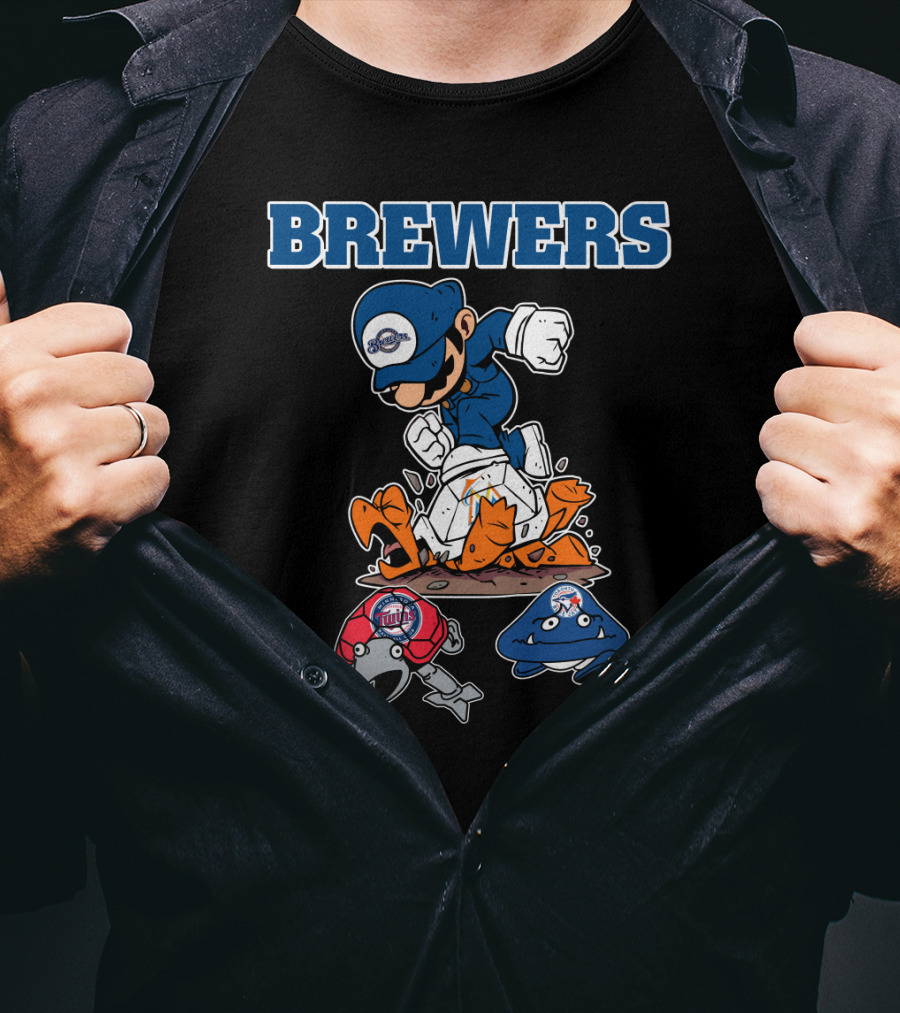 Brewers Cartoon Character In Blue Cap Stomping Orange And Red Creatures T-Shirt