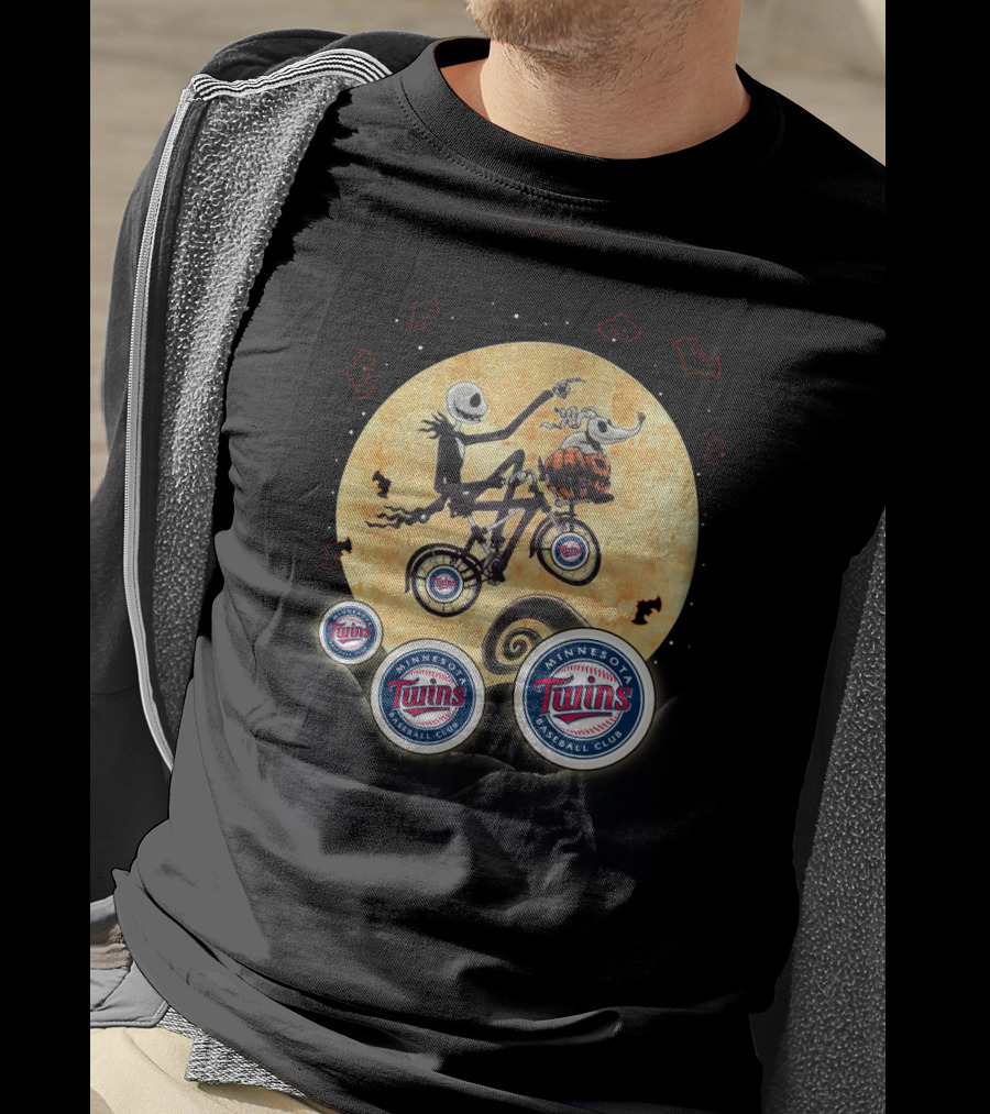 Minnesota Twins Halloween Featuring Iconic Skeleton Biking Under Full Moon With Team T-Shirt