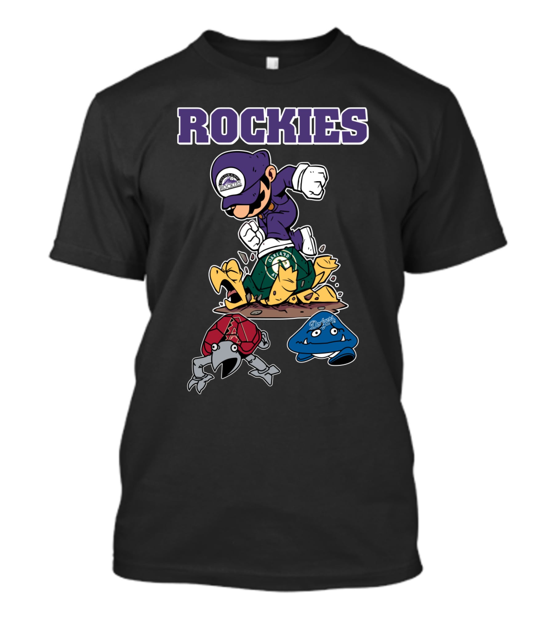 Rockies Character Action With Opponents In Green Yellow Red Blue Gear T-Shirt