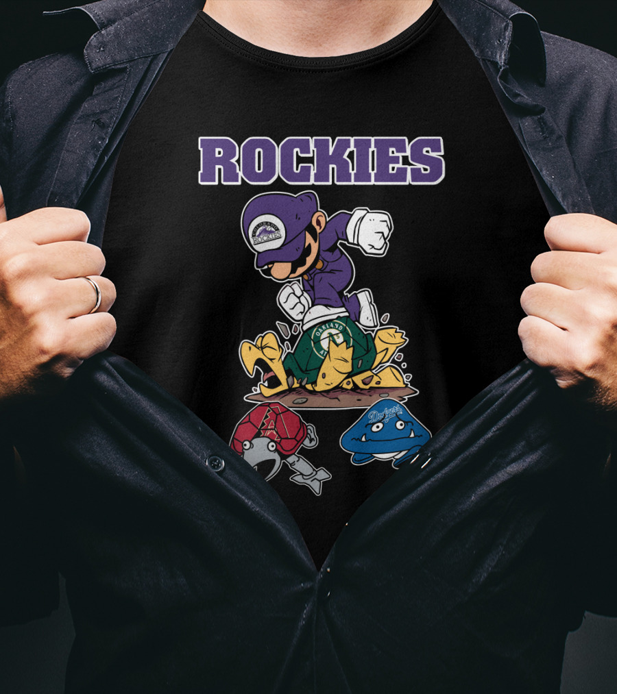 Rockies Character Action With Opponents In Green Yellow Red Blue Gear T-Shirt