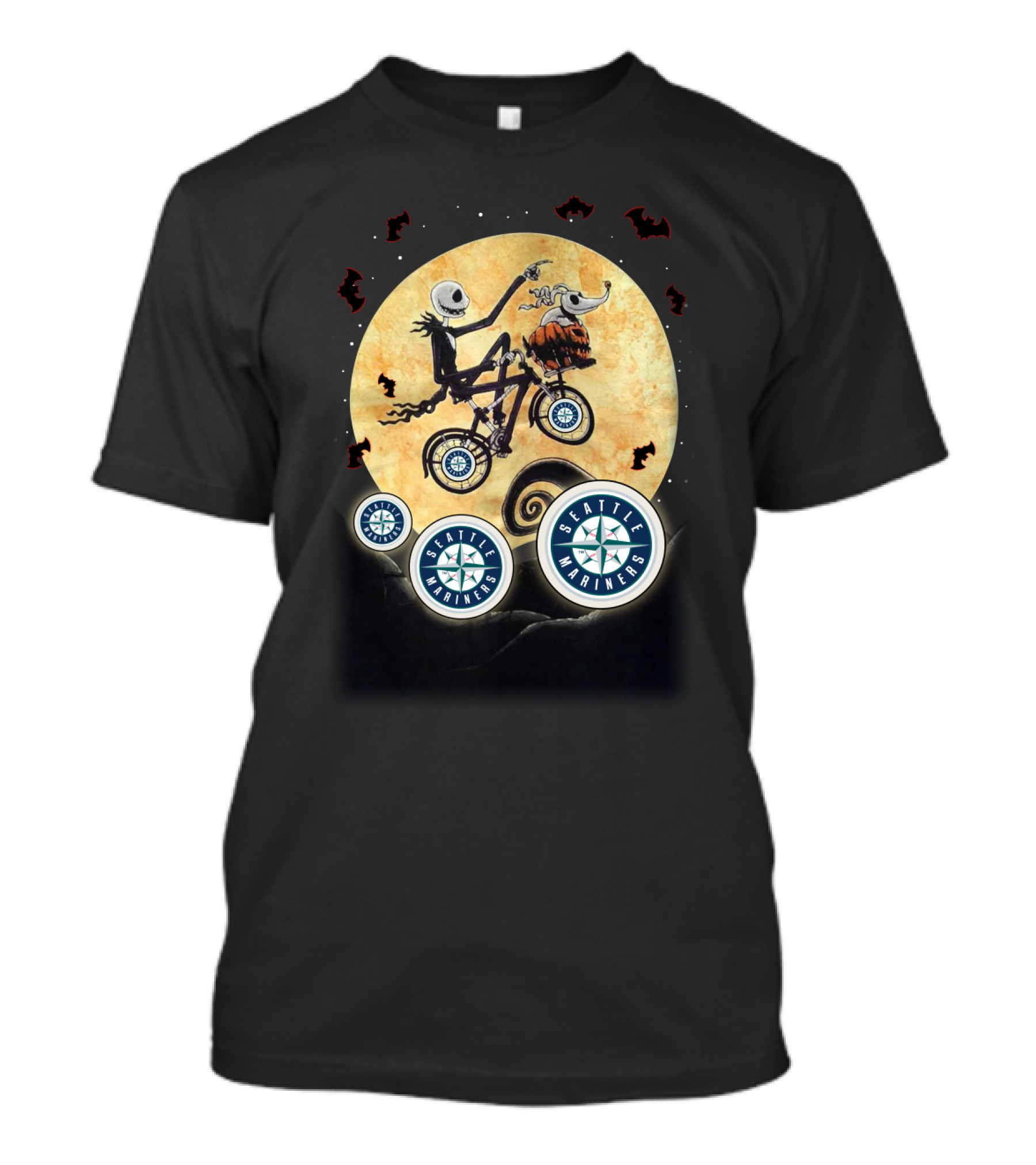 Halloween Seattle Mariners Night Ride With Pumpkin And Bat Path T-Shirt