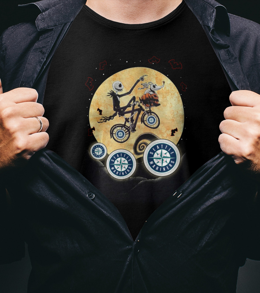 Halloween Seattle Mariners Night Ride With Pumpkin And Bat Path T-Shirt