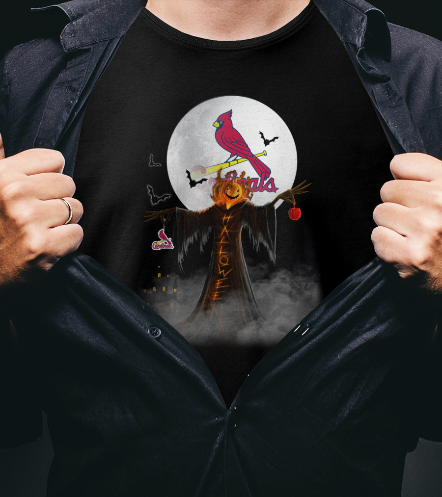 Halloween St. Louis Cardinals Bats Moon Pumpkin Scarecrow T-Shirt