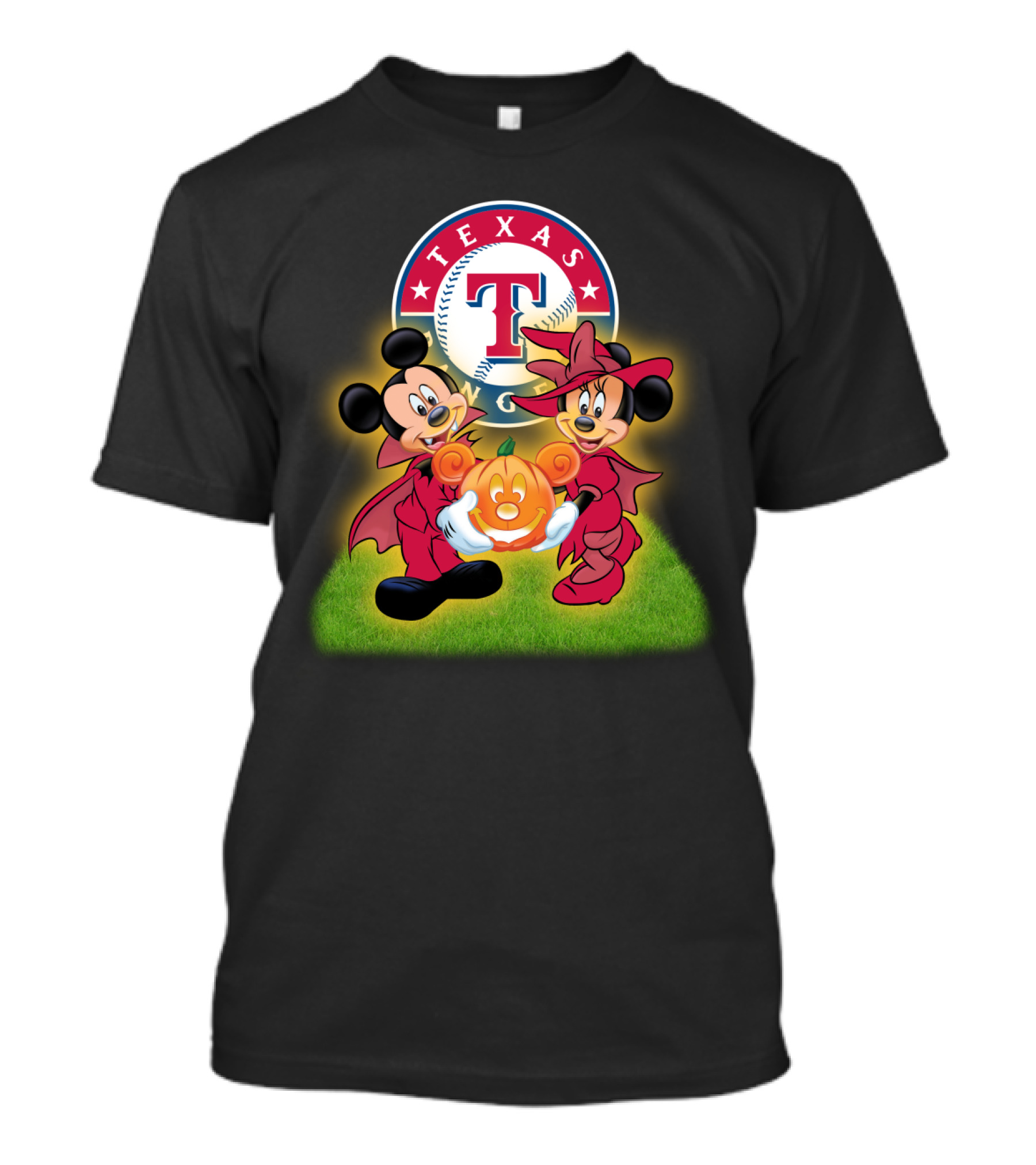 Texas Rangers Halloween Mickey And Minnie With Pumpkin T-Shirt