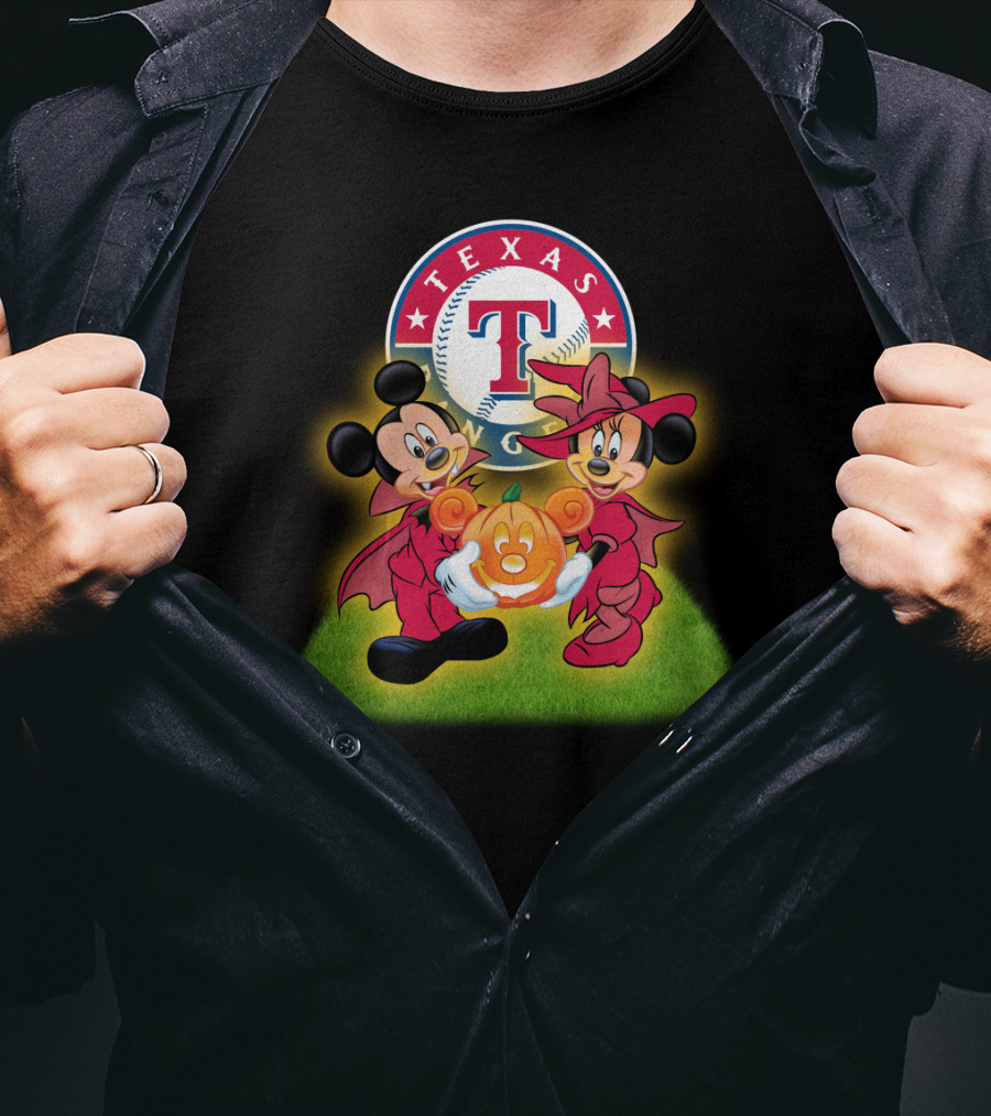 Texas Rangers Halloween Mickey And Minnie With Pumpkin T-Shirt