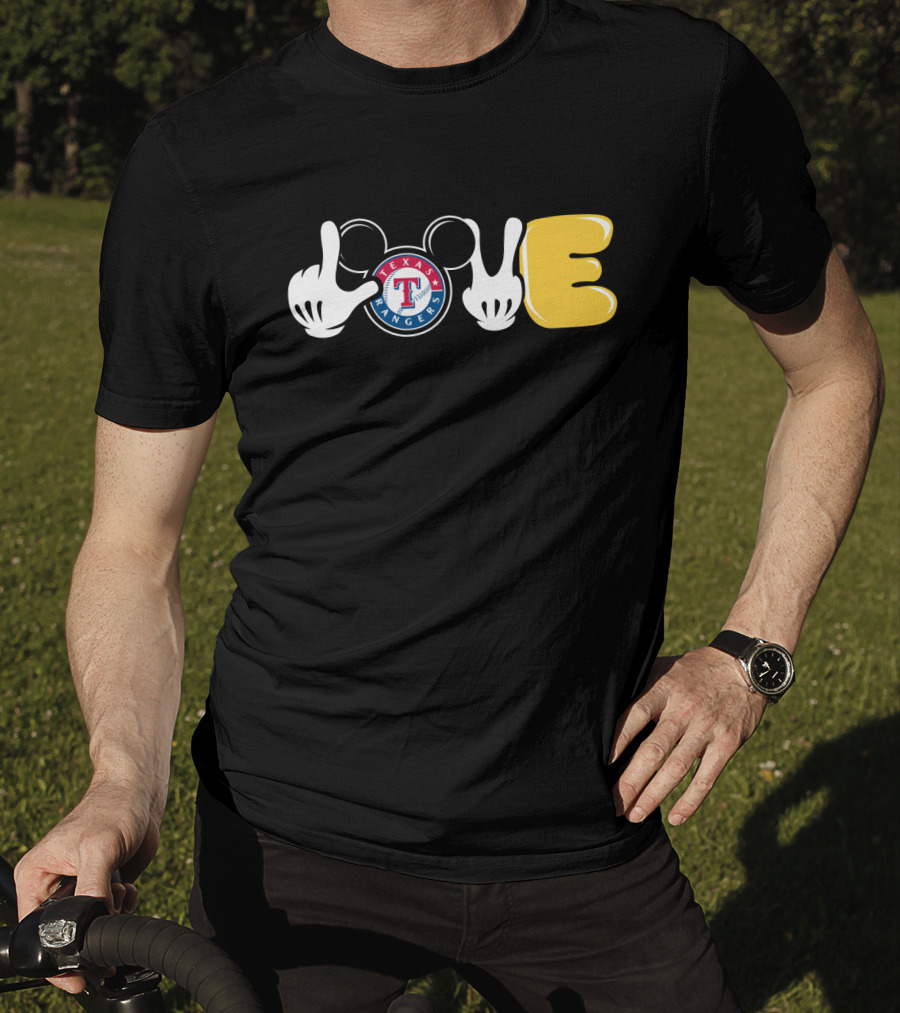 Love Texas Rangers Mickey Mouse Ears And Gloves T-Shirt