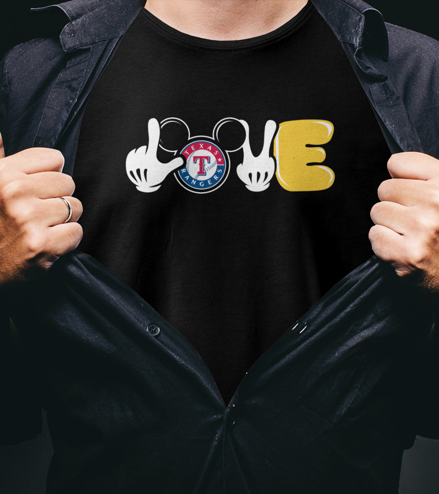 Love Texas Rangers Mickey Mouse Ears And Gloves T-Shirt