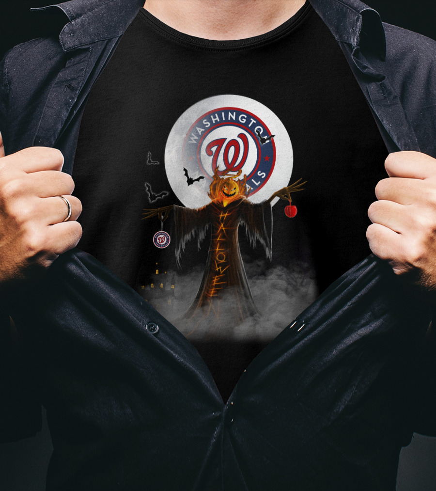 Washington Nationals Halloween Pumpkin Scarecrow With Bats And Full Moon T-Shirt