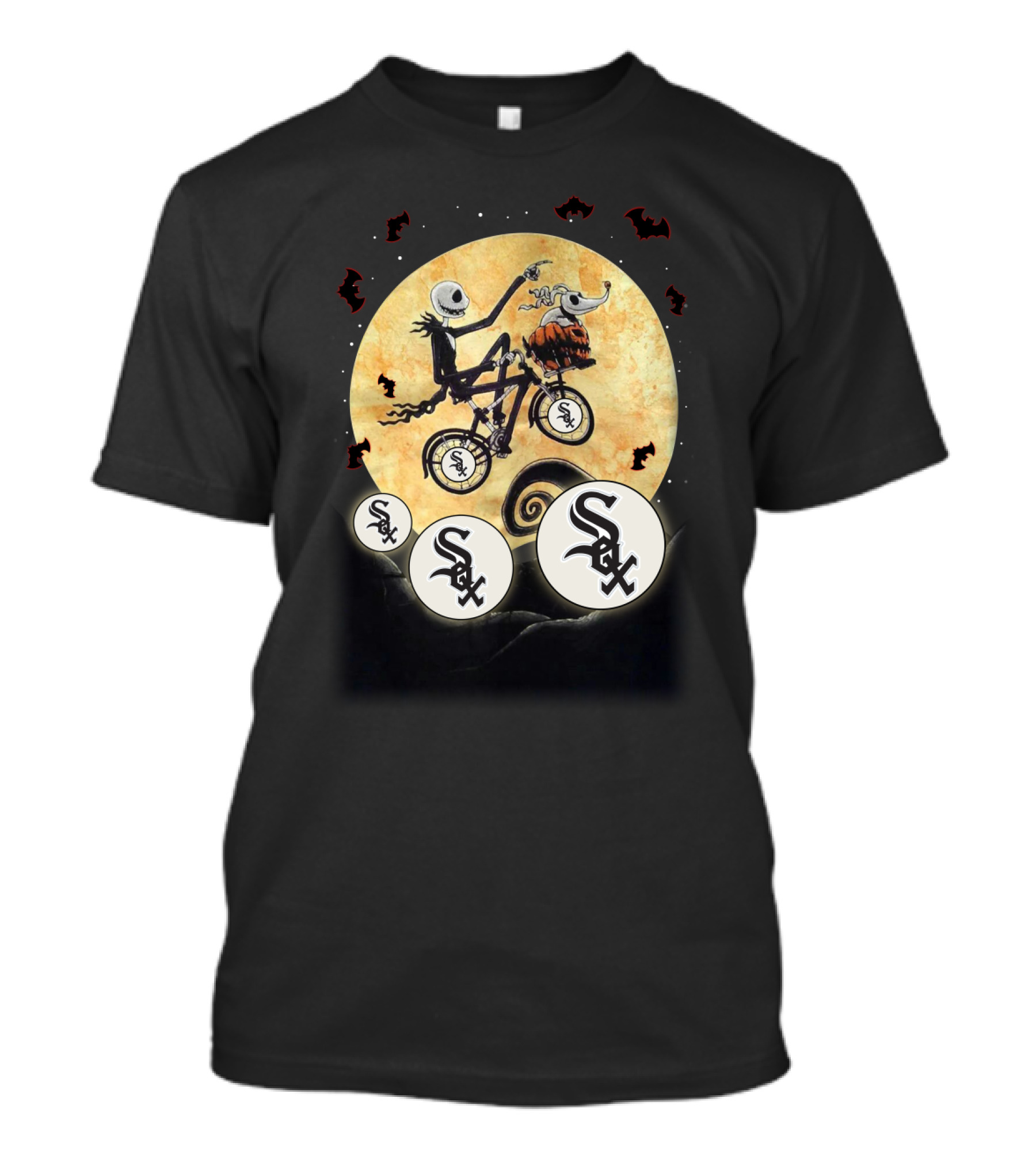 White Sox Halloween Skeleton And Dog On Bicycle Moon T-Shirt