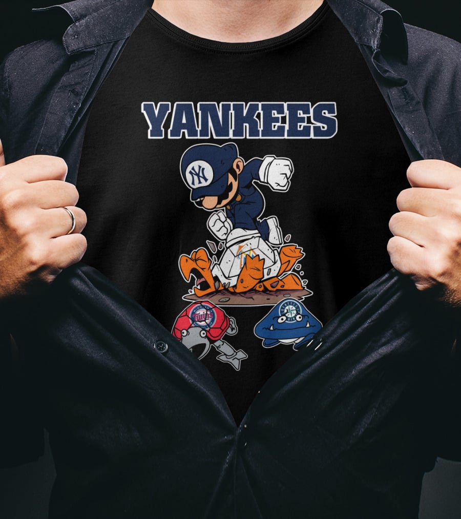 Yankees Cartoon Character In New York Baseball Cap Stomping Rival Mascots T-Shirt