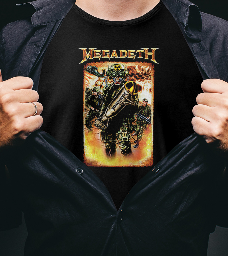 Megadeth Soldiers Holding Bomb With Radiation Symbol In Fiery T-Shirt
