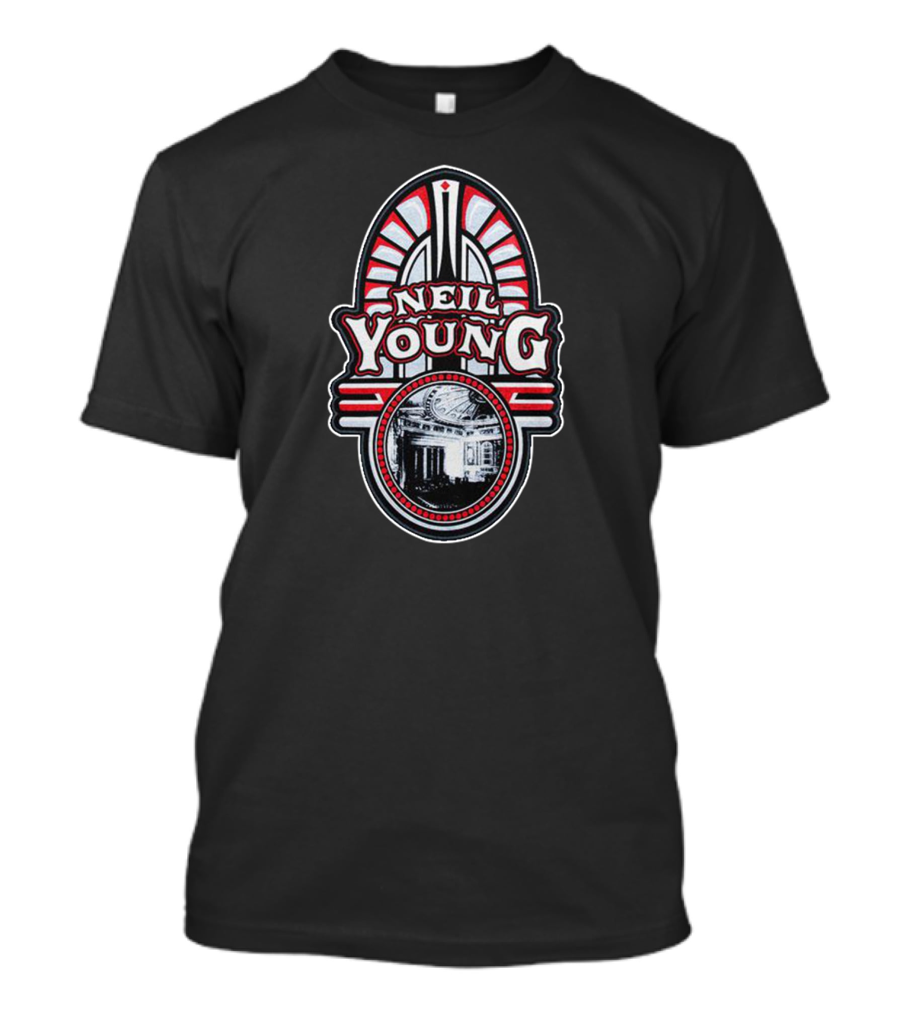 Neil Young Art Deco Inspired Badge With Building T-Shirt