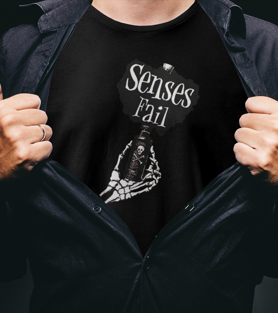 Senses Fail Skeleton Hand Holding Poison Bottle T-Shirt