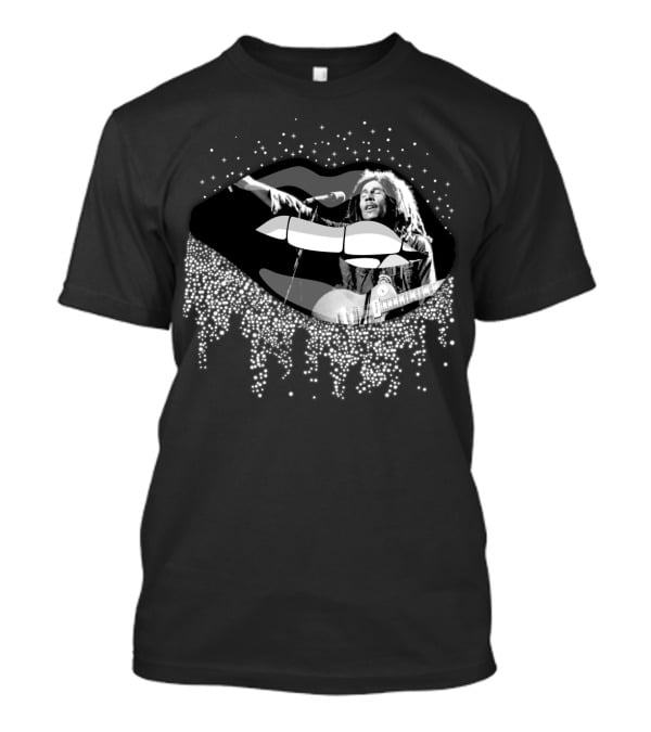 Bob Marley Black And White Lips With Guitar And Sparkle T-Shirt