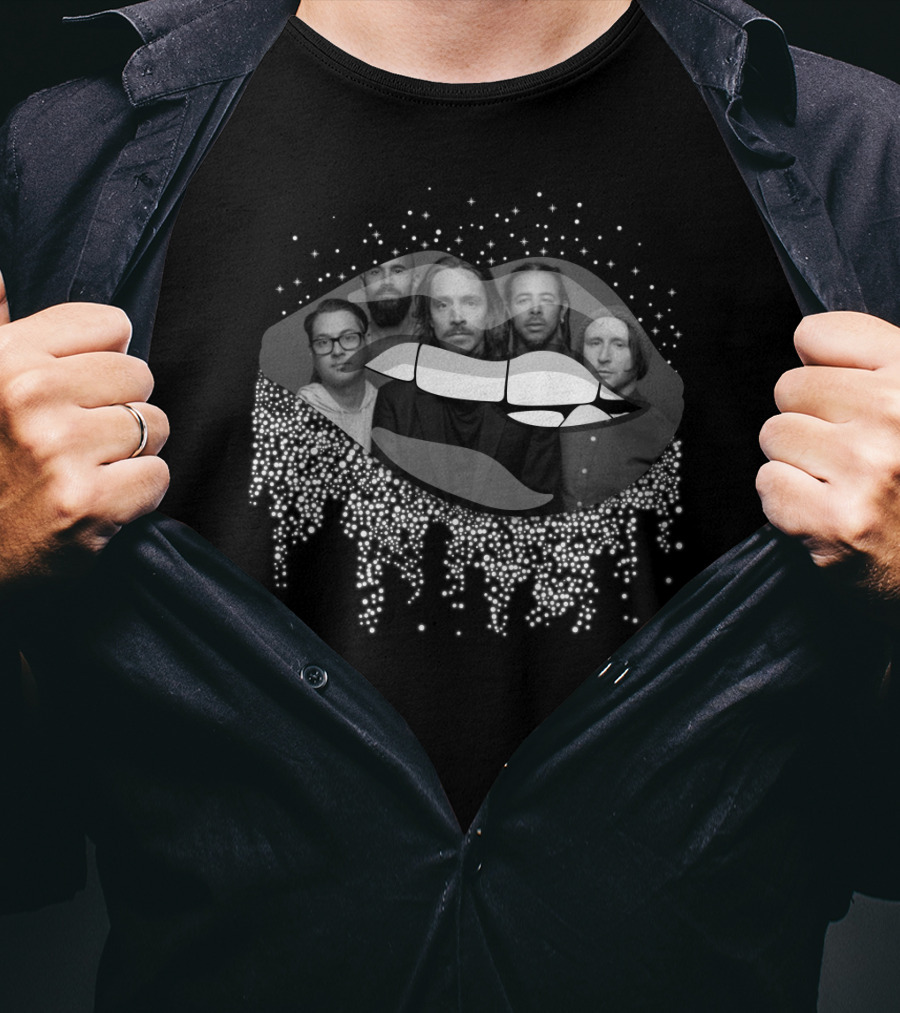 Incubus Band Members Black And White Design With Stylized Lips And Sparkling Accents T-Shirt
