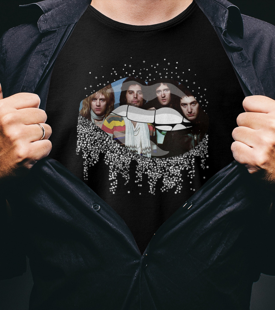 Queen Dripping Glitter Lips Iconic Rock Band Members T-Shirt