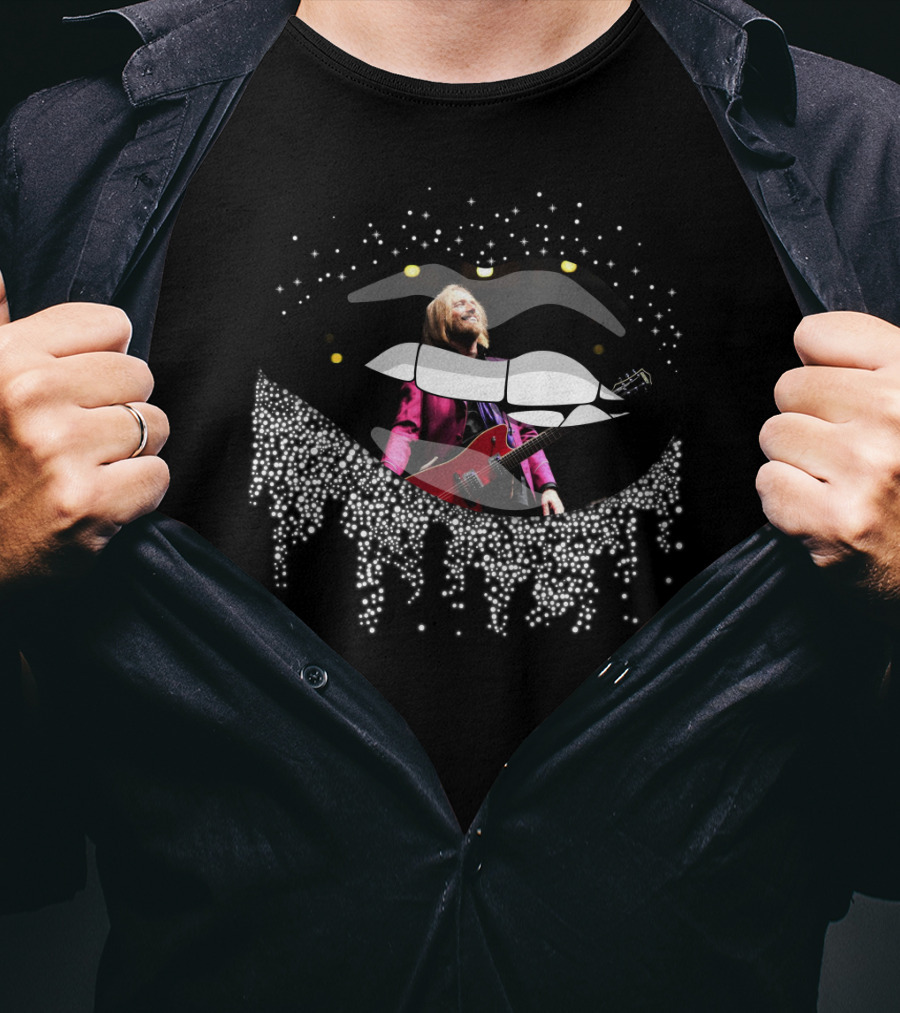 Tom Petty Lips Black White Dots Guitar Rockstar T-Shirt