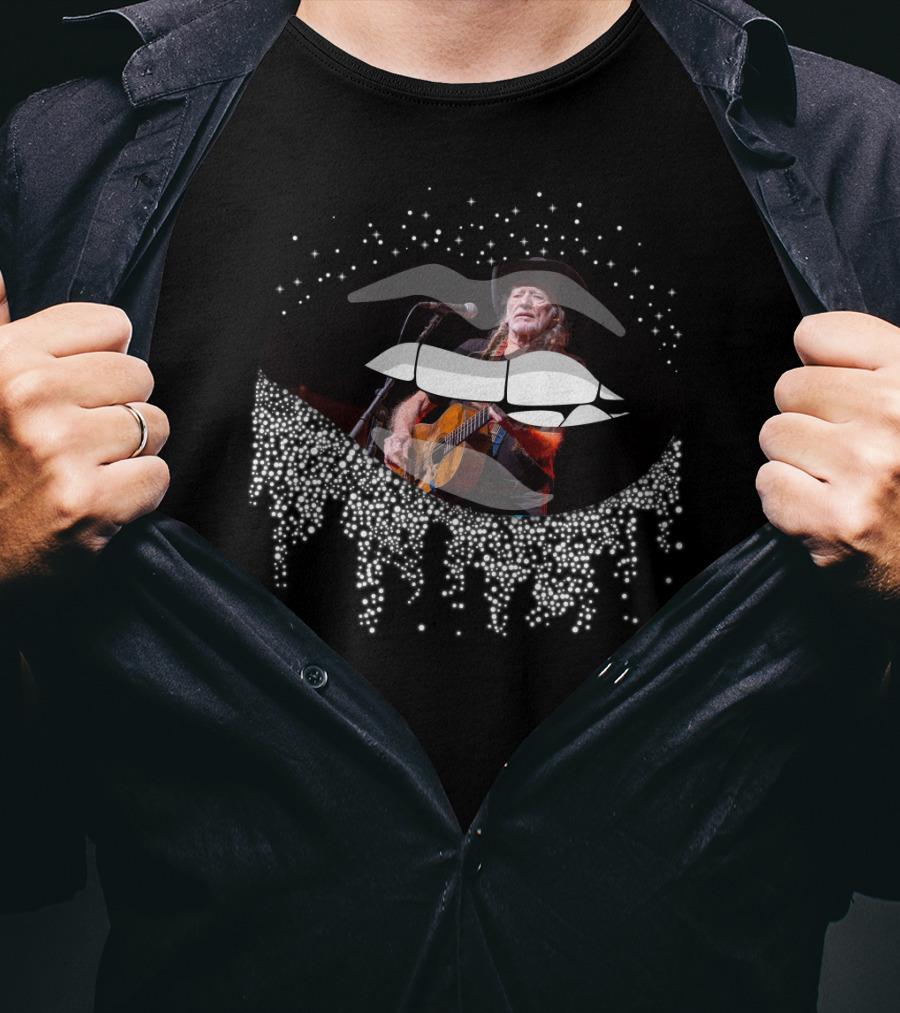Willie Nelson Lips With Guitar And Sparkling Drips T-Shirt
