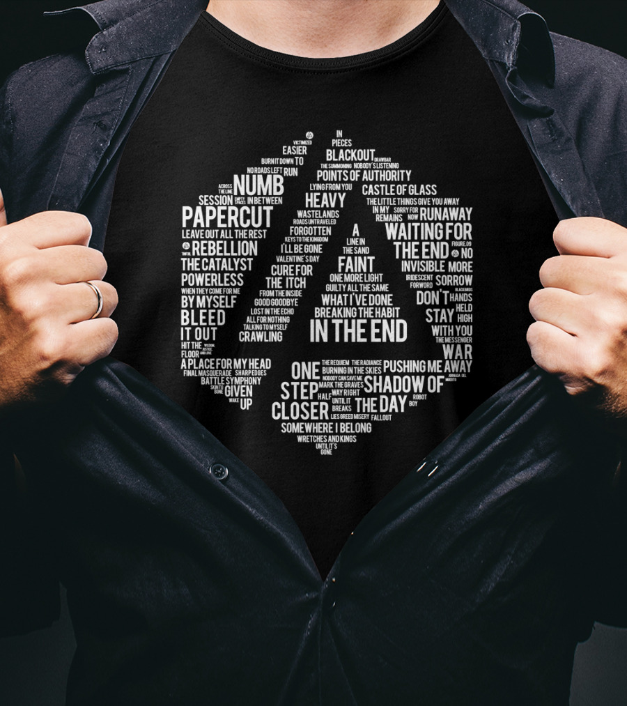 Rock Band Linkin Park Song Titles Collage Featuring In The End And Numb T-Shirt