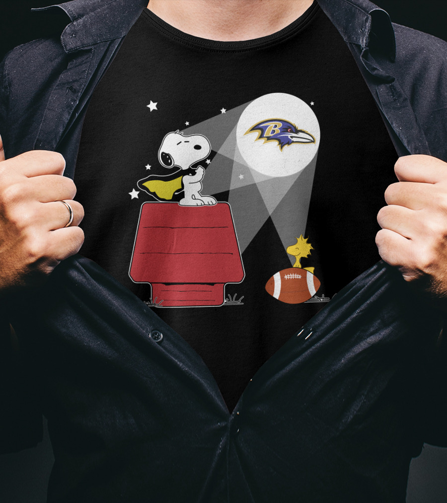 Snoopy And Woodstock With Baltimore Ravens Football And Logo Moon T-Shirt