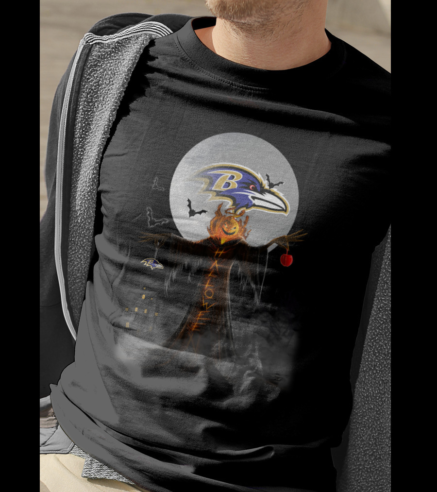 Baltimore Ravens Halloween Moon With Scarecrow And Pumpkin Head T-Shirt