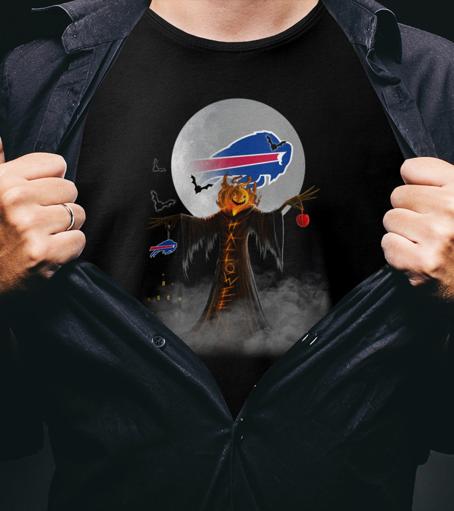 Buffalo Bills Halloween Moon Pumpkin Buffalo Logo Bats Haunted House T-Shirt