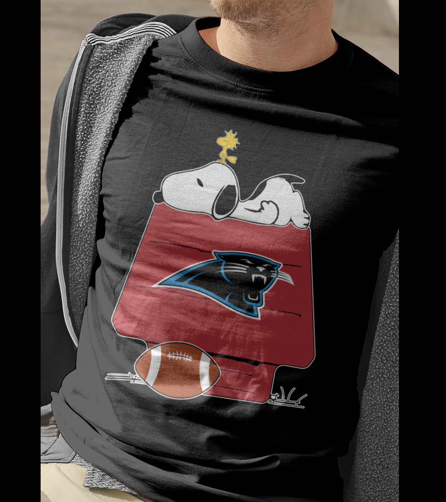 Snoopy And Woodstock On Doghouse With Carolina Panthers Logo And Football T-Shirt