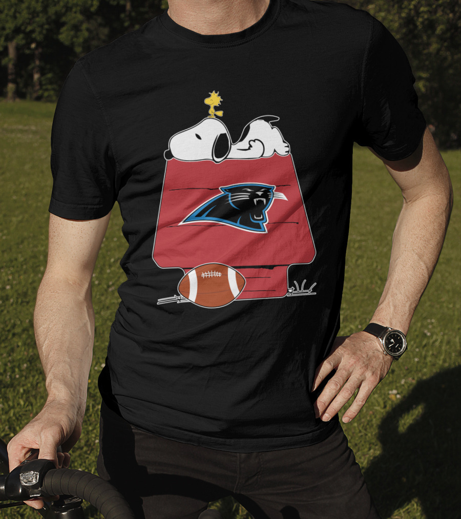 Snoopy And Woodstock On Doghouse With Carolina Panthers Logo And Football T-Shirt