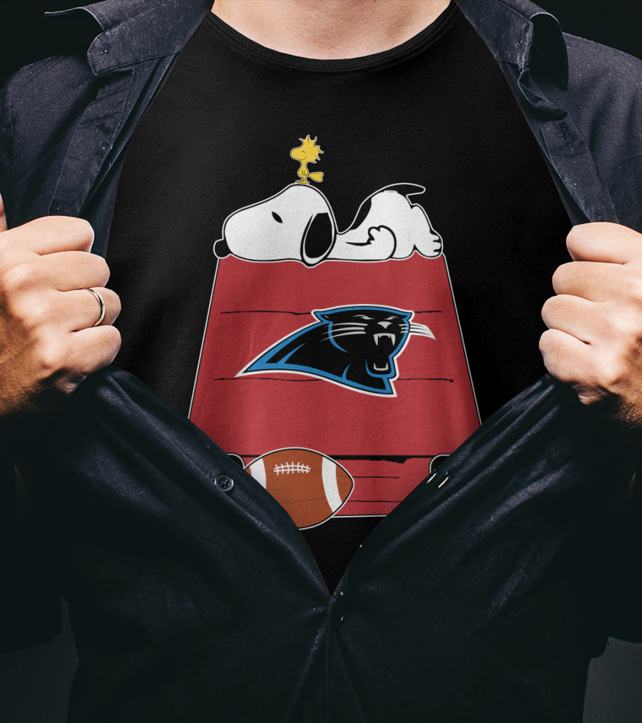 Snoopy And Woodstock On Doghouse With Carolina Panthers Logo And Football T-Shirt