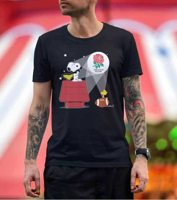 Premium T-Shirt: England Rugby RFU Snoopy Doghouse Spotlight with Woodstock and Rugby Ball T-Shirt England Rugby RFU Snoopy Doghouse Spotlight with Woodstock and Rugby Ball T-Shirt
