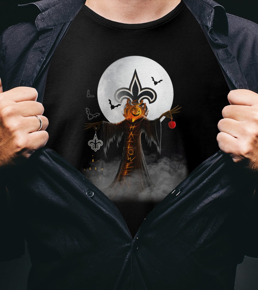 New Orleans Saints Halloween Pumpkin Head With Crescent Moon And Bats T-Shirt