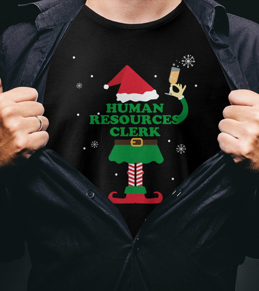 Human Resources Clerk Elf With Champagne Glass And Santa Hat T-Shirt