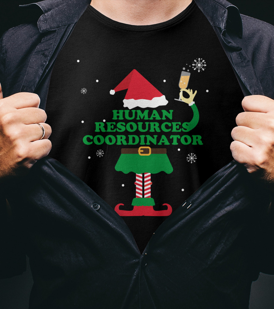 Human Resources Coordinator Elf With Champagne And Santa Hat T-Shirt