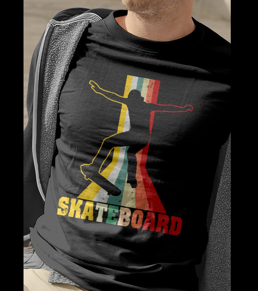 Retro Skateboard Silhouette With Vintage Color Stripes T-Shirt