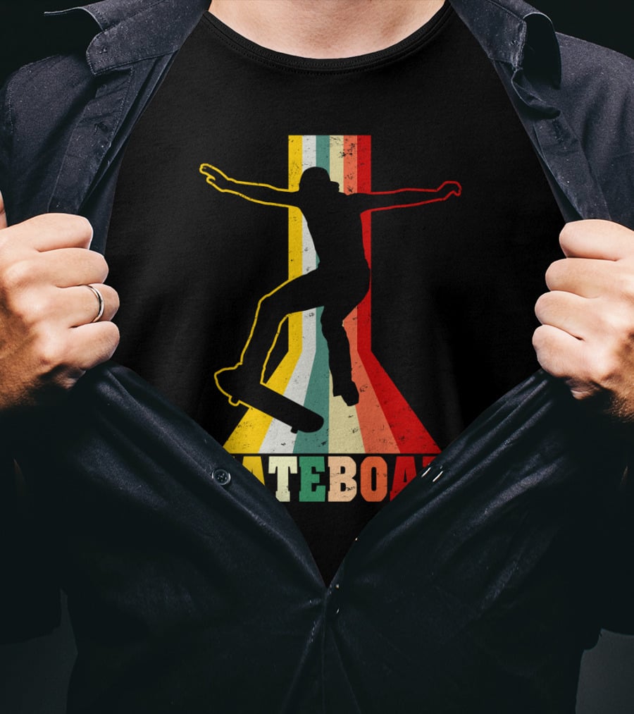 Retro Skateboard Silhouette With Vintage Color Stripes T-Shirt