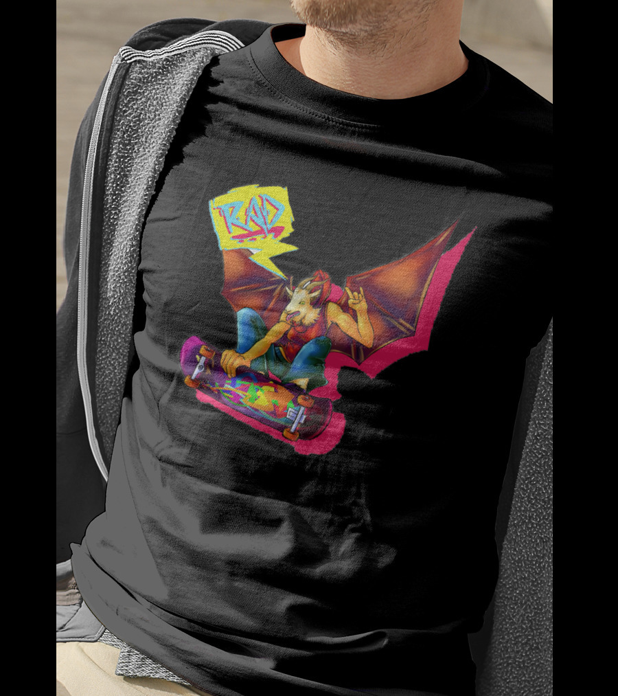 RAD Bat-Winged Skateboarder With Neon Graffiti Aesthetic T-Shirt