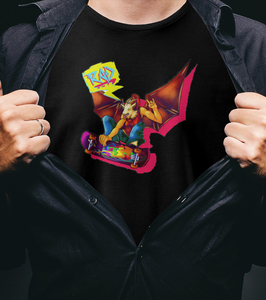 RAD Bat-Winged Skateboarder With Neon Graffiti Aesthetic T-Shirt