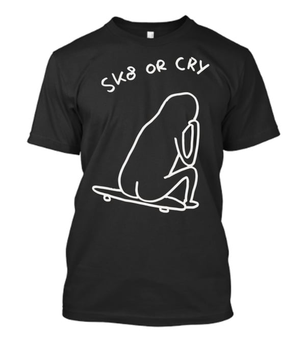 Sk8 Or Cry Minimalist Outline Sitting Figure On Skateboard T-Shirt
