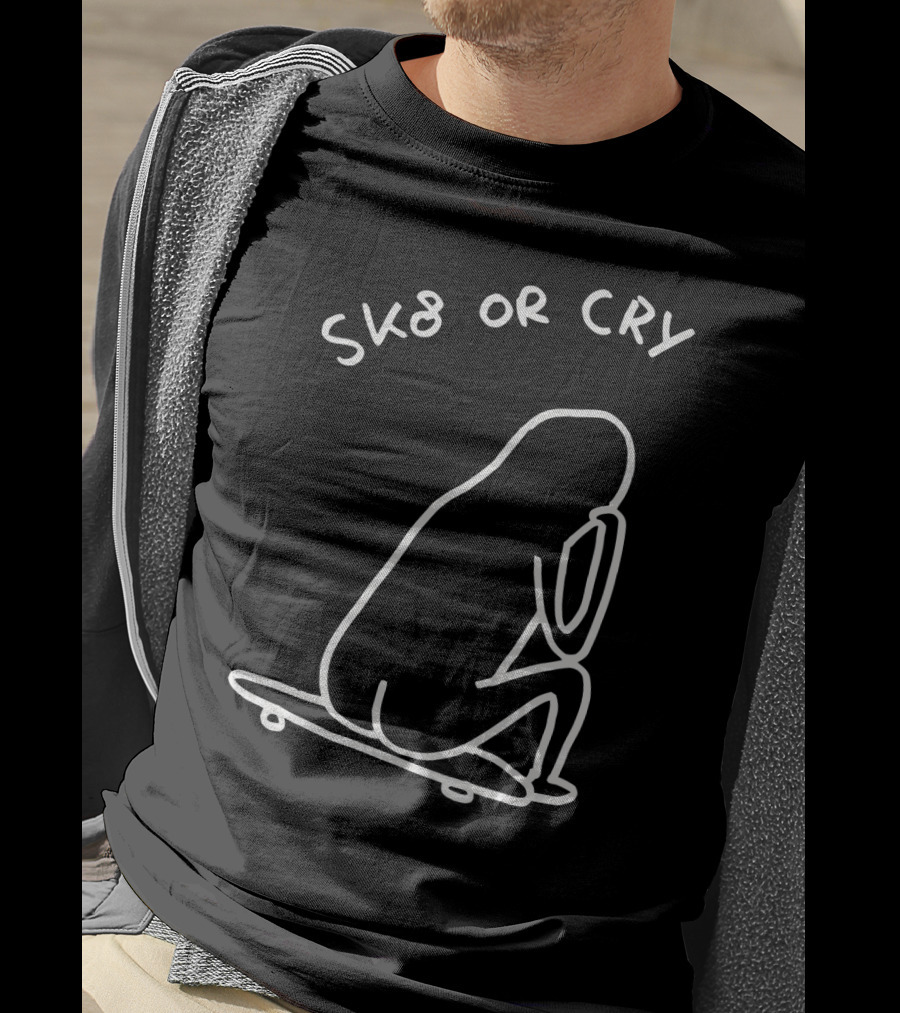 Sk8 Or Cry Minimalist Outline Sitting Figure On Skateboard T-Shirt