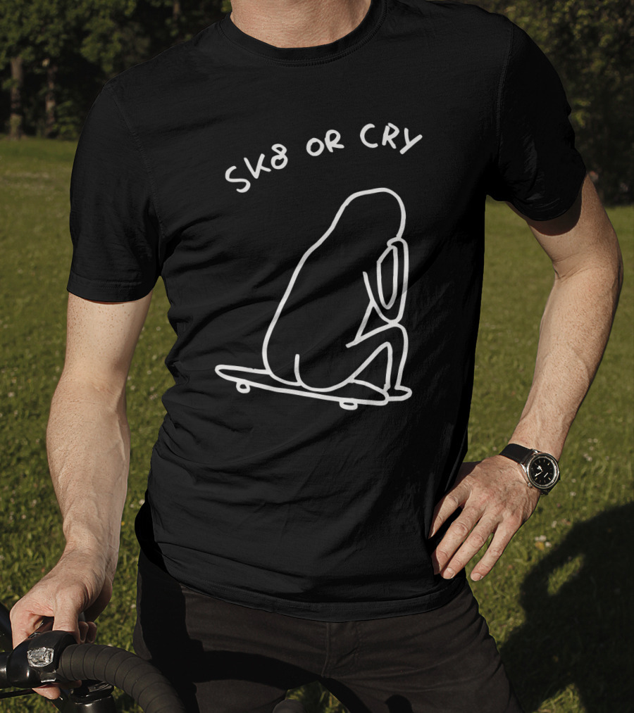 Sk8 Or Cry Minimalist Outline Sitting Figure On Skateboard T-Shirt