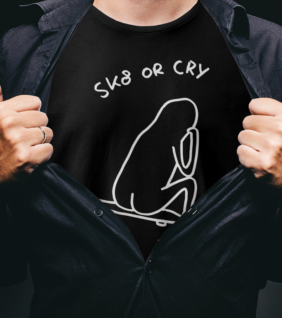 Sk8 Or Cry Minimalist Outline Sitting Figure On Skateboard T-Shirt