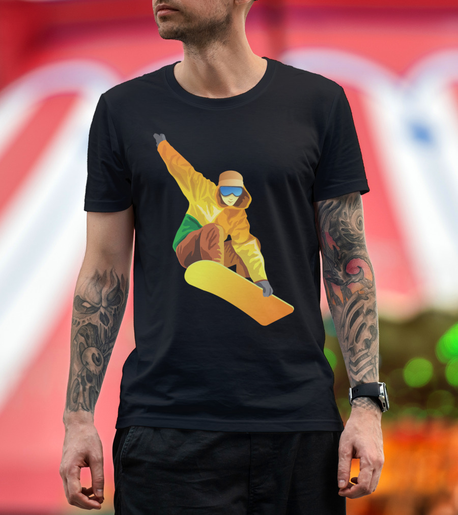 Snowboard Enthusiast in Vibrant Orange and Green T-Shirt