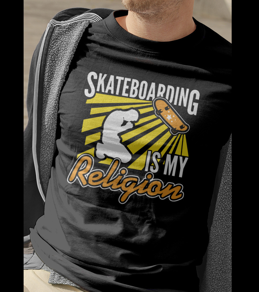 Skateboarding Is My Religion Kneeling Silhouette With Skateboard And Sunburst T-Shirt
