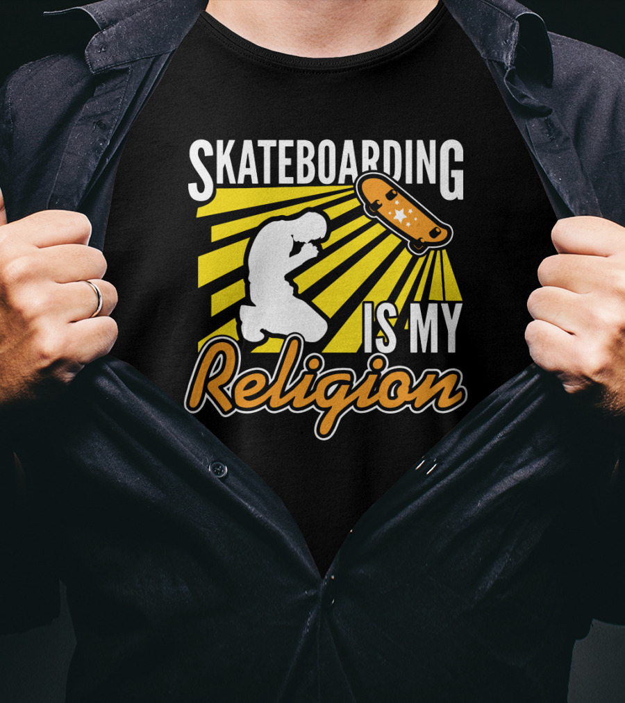 Skateboarding Is My Religion Kneeling Silhouette With Skateboard And Sunburst T-Shirt