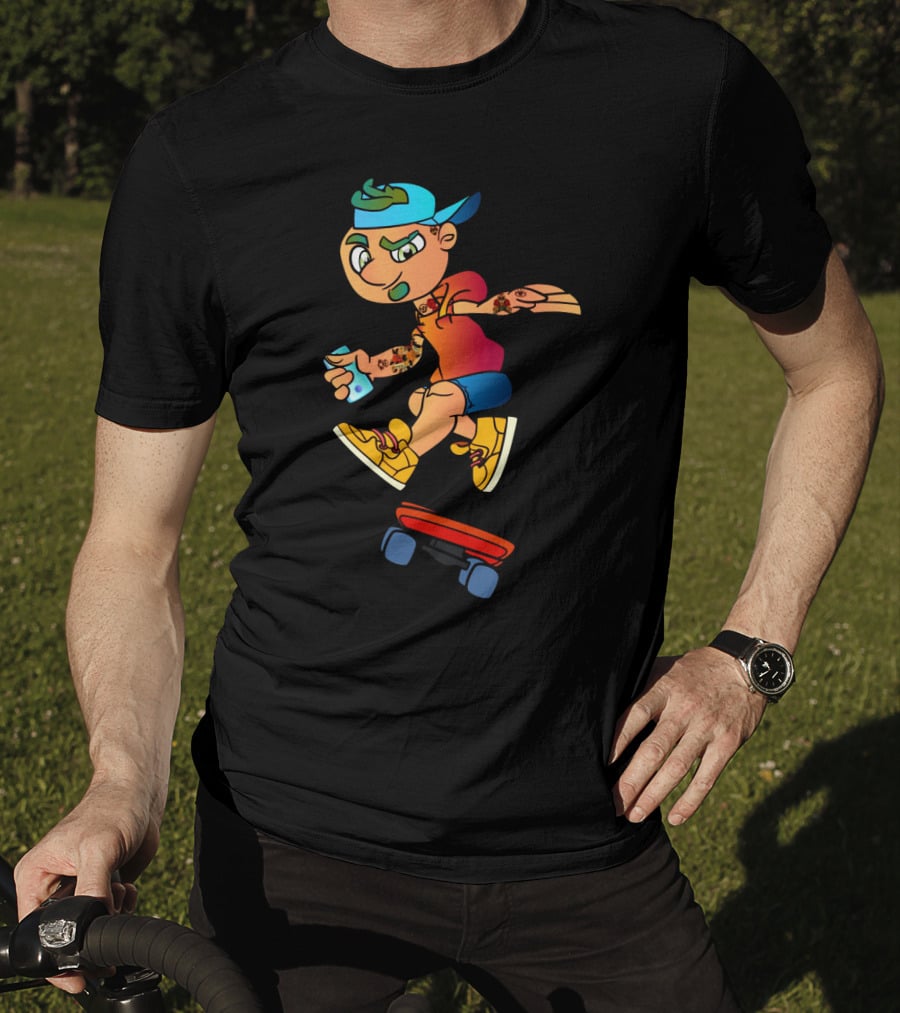 Skaterboi Colorful Cartoon Character With Cap And Skateboard T-Shirt