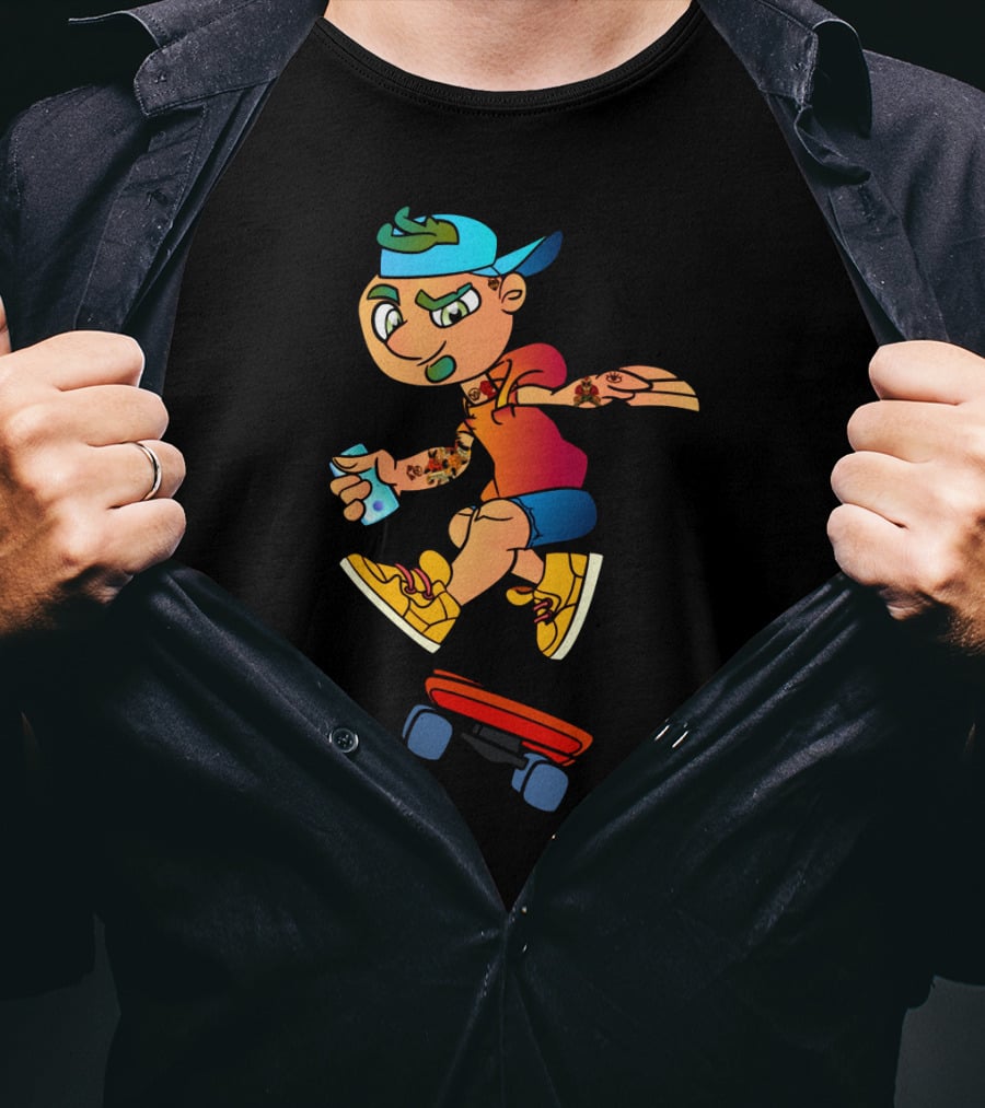 Skaterboi Colorful Cartoon Character With Cap And Skateboard T-Shirt