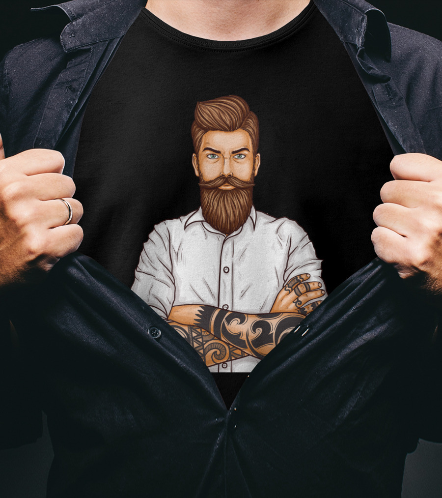 Barber Style Bearded Man With Tattoo T-Shirt
