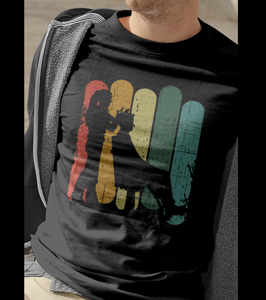 Vintage Retro Hair Stylist Silhouette On Multicolor Stripes T-Shirt