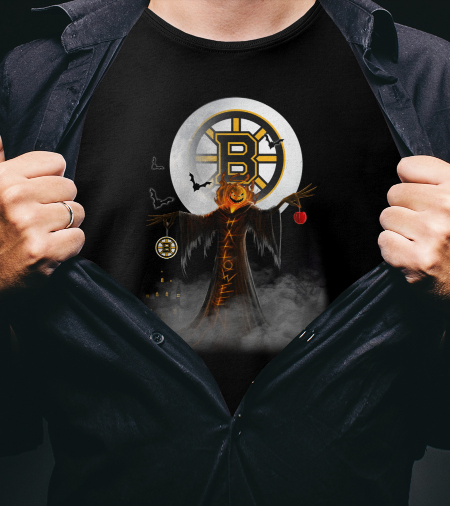 Halloween Boston Bruins Spooky Pumpkin Moon Bats T-Shirt
