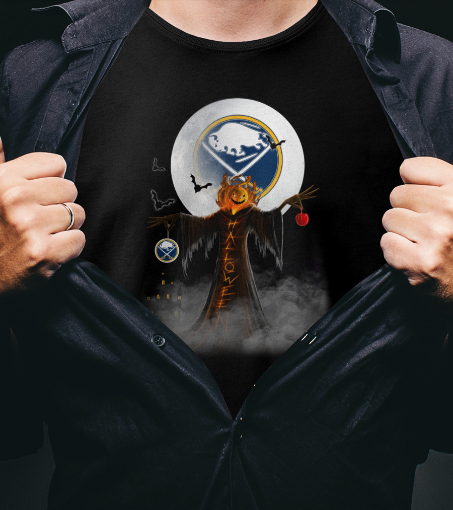 Halloween Buffalo Sabres Logo With Pumpkin Head Grim Reaper And Bats T-Shirt